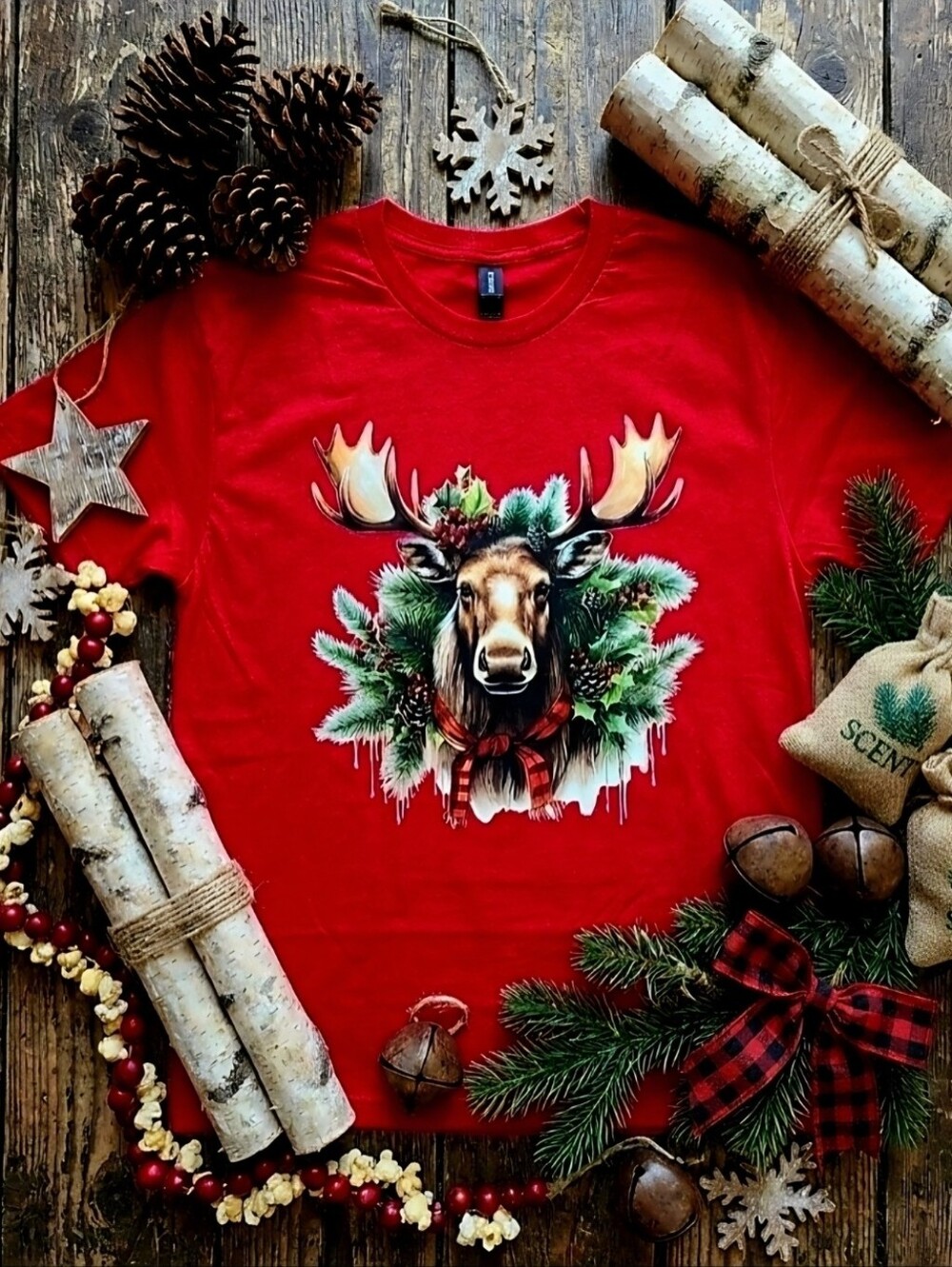 Rustic Christmas Moose Tee • Holiday Wreath Wildlife Graphic • Country Christmas